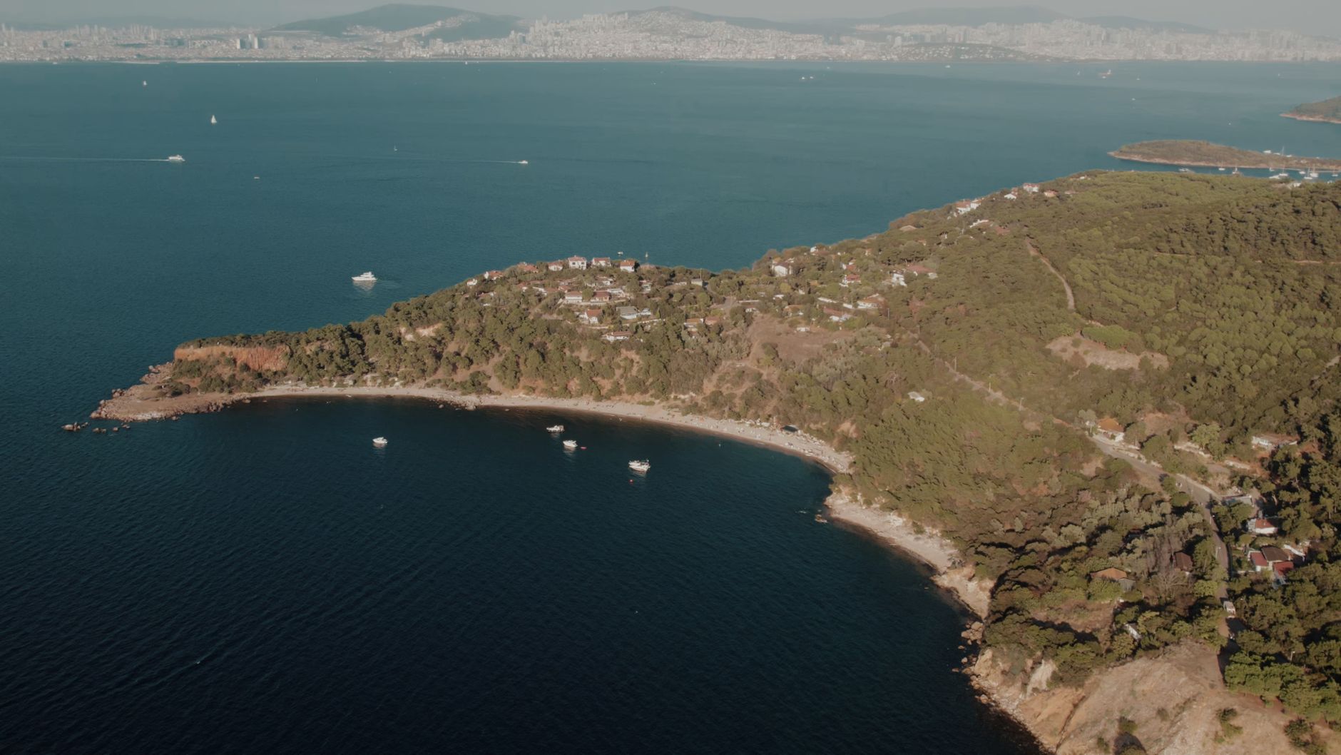 View over the tranquil shoreline and pine ridges of Burgazada